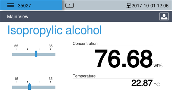 V10 Controller Screenshot - Main view Isopropyl alcohol in water Liquisonic